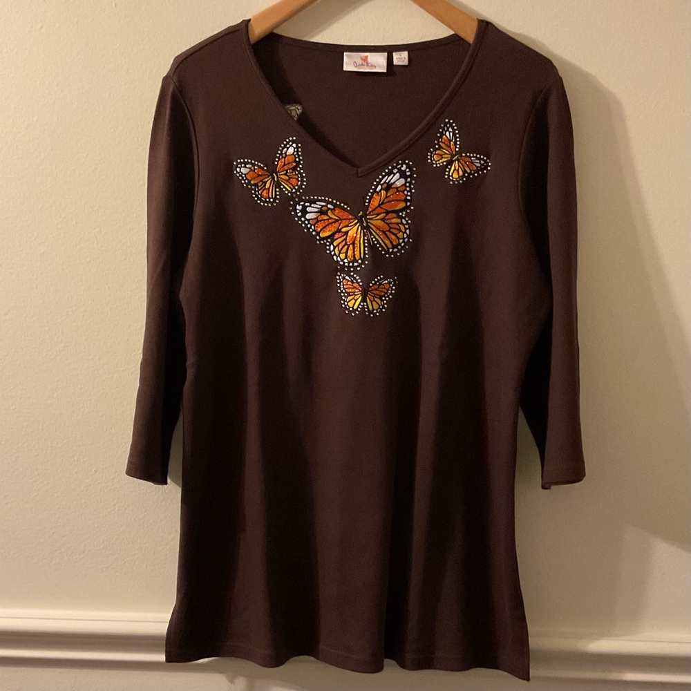 Quacker Factory embroidered Butterfly 3/4 sleeve top L
